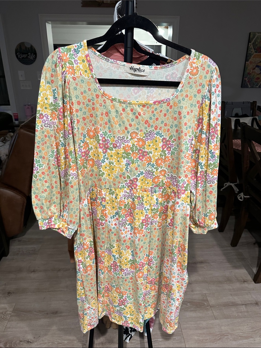 Haptics Floral Scoop-Neck Long Sleeve Dress in Yellow & Pink